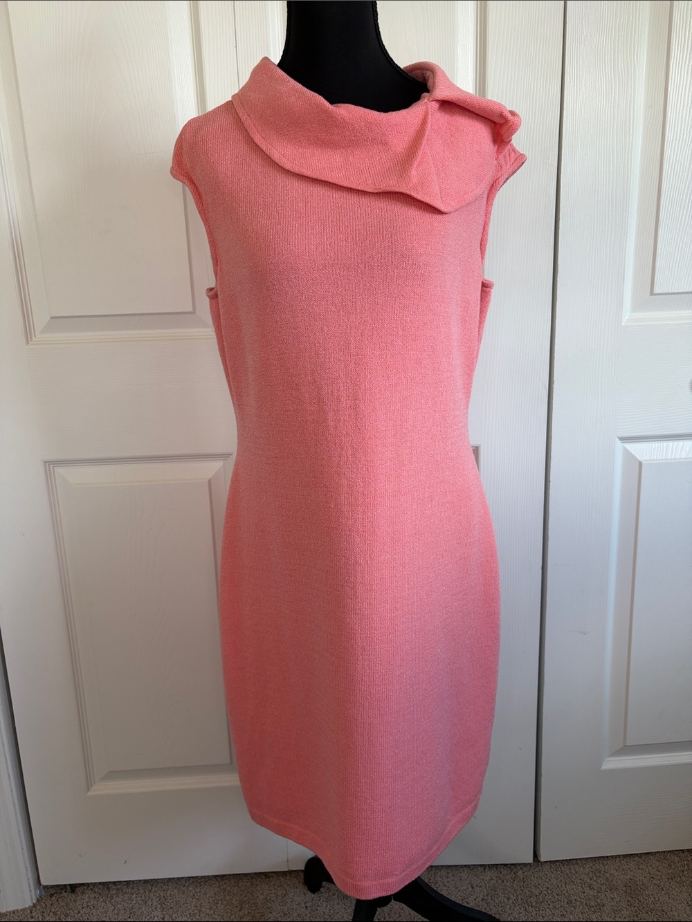 St. John Collection Pink Peach Santana Knit Sleeveless Midi Dress Cowl Neck 10